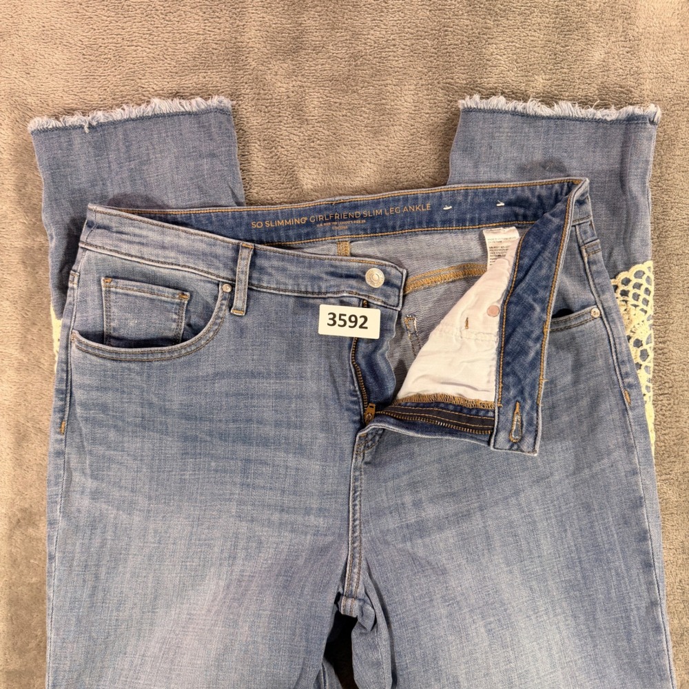 Chico's Jeans Women 12R Blue So Slimming Girlfriend Slim‎ Leg Ankle Crochet Lace